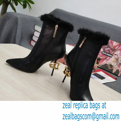 Dolce  &  Gabbana Mink Fur Thin Heel 10.5cm Leather Ankle Boots Black with Baroque DG Heel 2021